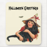 Vintage Halloween Witch Holding a Black Cat Mouse Pad