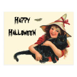 Vintage Halloween Witch Holding a Black Cat Postcards