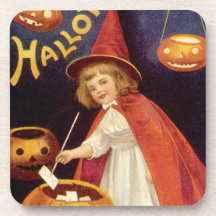 Vintage Halloween, Witch Jack o Lanterns Pumpkins Drink Coasters