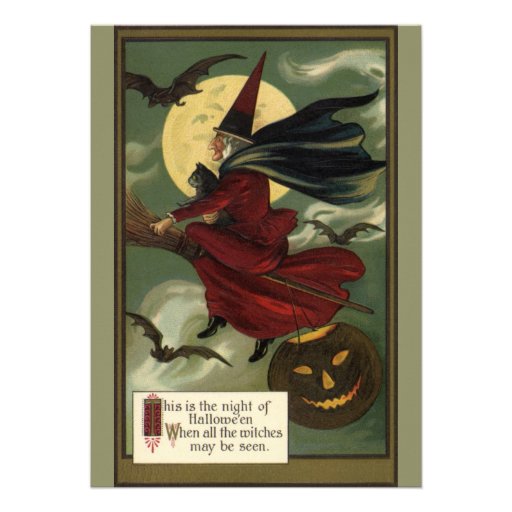 Vintage Halloween Witch Riding a Broom and Moon Invites