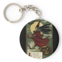 Vintage Halloween Witch Riding a Broom and Moon Key Chain