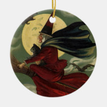 Vintage Halloween Witch Riding a Broom and Moon Ornament