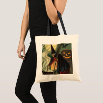 Vintage Halloween Witch Stirring Magic Cauldron Canvas Bags