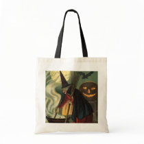 Vintage Halloween Witch Stirring Magic Cauldron Canvas Bags
