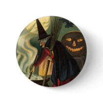 Vintage Halloween Witch Stirring Magic Cauldron Button