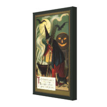 Vintage Halloween Witch Stirring Magic Cauldron Stretched Canvas Prints
