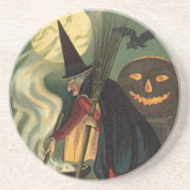 Vintage Halloween Witch Stirring Magic Cauldron Drink Coasters