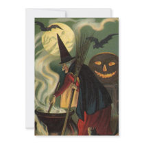 Vintage Halloween Witch Stirring Magic Cauldron Invite