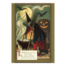 Vintage Halloween Witch Stirring Magic Cauldron Invites