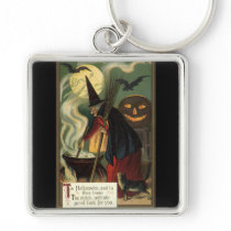 Vintage Halloween Witch Stirring Magic Cauldron Keychain