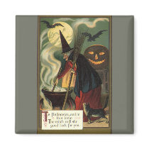 Vintage Halloween Witch Stirring Magic Cauldron Refrigerator Magnet