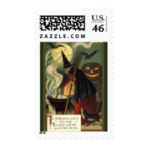 Vintage Halloween Witch Stirring Magic Cauldron Stamps