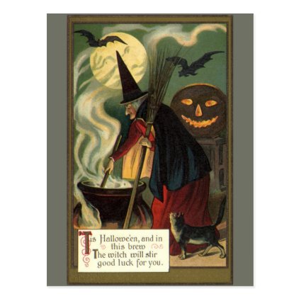 Vintage Halloween Witch Stirring Magic Cauldron Postcard