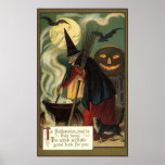 Vintage Halloween Witch Stirring Magic Cauldron Poster