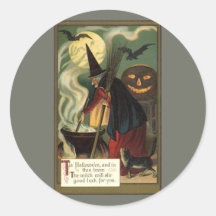 Vintage Halloween Witch Stirring Magic Cauldron Round Stickers