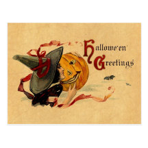 Vintage Halloween Witch With Red Ribbons Post Card