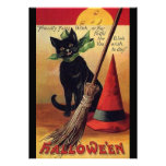 Vintage Halloween with a Black Cat, Broom and Hat Custom Invites