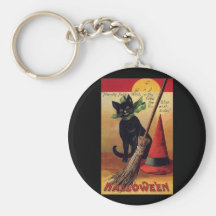 Vintage Halloween with a Black Cat, Broom and Hat Key Chains
