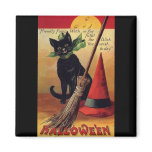 Vintage Halloween with a Black Cat, Broom and Hat Fridge Magnet