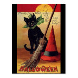 Vintage Halloween with a Black Cat, Broom and Hat Postcard