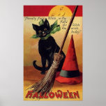 Vintage Halloween with a Black Cat, Broom and Hat posters