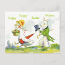Vintage Happy Easter Postcard - Send your Hoppy Happy Easter wishes to your favorite bunny with this vintage-design Easter postcard. The nattily dressed rabbit in top hat and tails hops along behind the bonneted duck with a basket of colored Easter eggs--and with a bit of vintage humor we see that mother duck even has an umbrella.