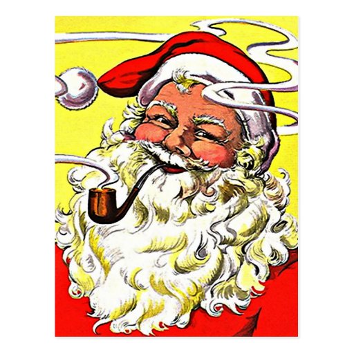 Vintage Happy Santa Smoking Pipe yellow red white Postcard | Zazzle