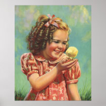 Vintage Happy Smile, Girl with Baby Chick Print