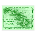Vintage Hawaii Map, Green Postcard
