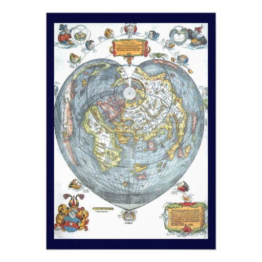 Vintage Heart Shaped Antique World Map Peter Apian Invitation