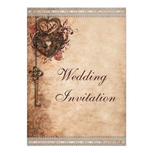 Vintage Hearts Lock and Key Wedding Personalized Invitations (front side)
