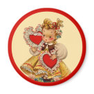 round_magnet - Adorable vintage girl is holding two red Valentines Day hearts. Text says Valentine Greeting, but can  be changes to say what you wish to customize it to. Many gifts and apparel available with this design in my store.: Sizes 