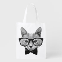 vintage, hipster, cat, funny, cool, geek, cute, retro, bow-tie, urban, nerd, fun, glasses, reusable, grocery, bag, [[missing key: type_reusableba]] with custom graphic design