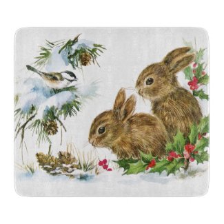 Vintage Holiday Bird and Bunnies Cutting Board