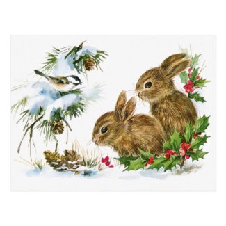 Vintage Holiday Bird and Bunnies Postcard