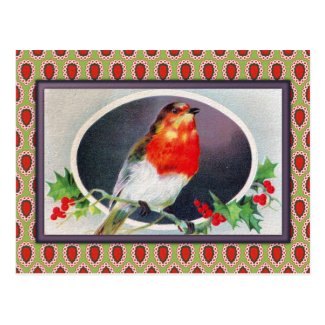 Vintage Holiday Bird and Holly Print Post Cards