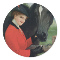 Vintage Horse Girl Red Coat Equestrian Sugar Cube Round Stickers
