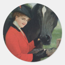 Vintage Horse Girl Red Coat Equestrian Sugar Cube Round Stickers