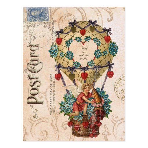 Vintage Hot air balloon Valentine postcard | Zazzle