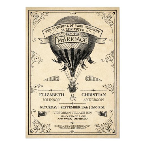 Vintage Hot Air Balloon Wedding Invitation (front side)