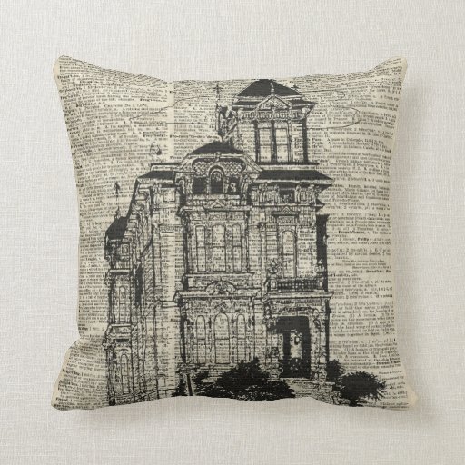 Vintage House Illustration Over Old Book Page Throw Pillow Zazzle