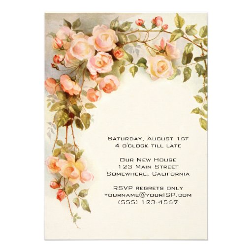 Vintage Housewarming, Antique Pink Rose Flowers Custom Invites