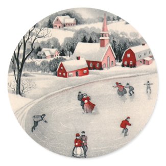 Vintage Illustration Christmas, Ice Skating Pond sticker