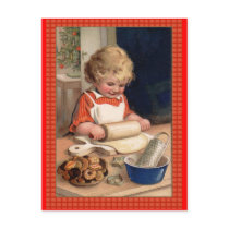 Vintage Illustration Girl Baking Christmas Cookies postcards by CustomizeACard Vintage Illustration Girl Baking Christmas Cookies postcards