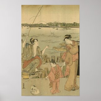 Vintage Japanese Fishing Woodblock Print