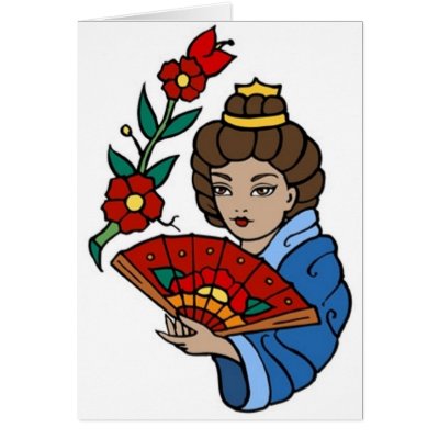 Vintage Japanese GIrl with Fan and Blossoms Tattoo Card by vintagegiftmall
