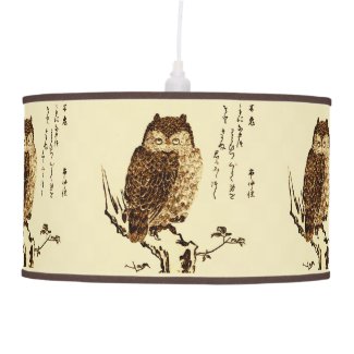 Vintage Japanese Ink Sketch of an Owl Hanging Pendant Lamps