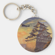 Vintage Japanese Travel Poster, Pagoda Airplane Keychains