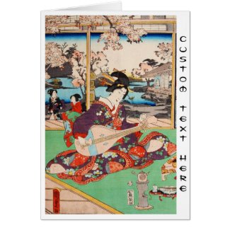 Vintage japanese ukiyo-e geisha playing Biwa art Greeting Card