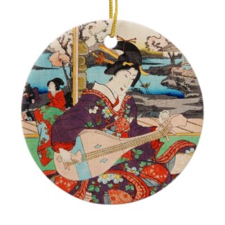 Vintage japanese ukiyo-e geisha playing Biwa art Christmas Tree Ornaments